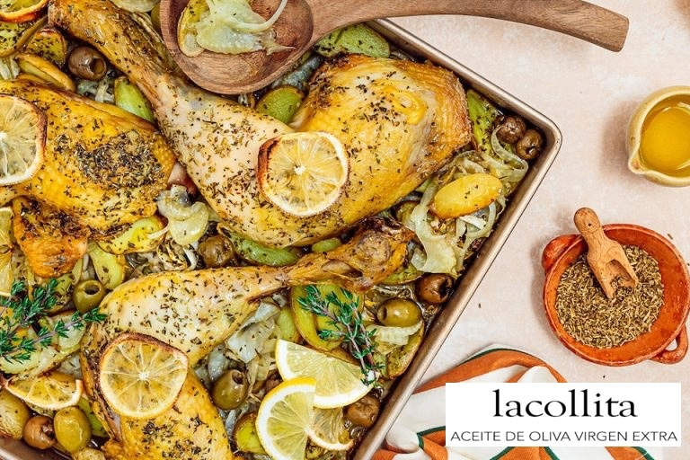 Pollo con aceitunas, hinojo y patatas